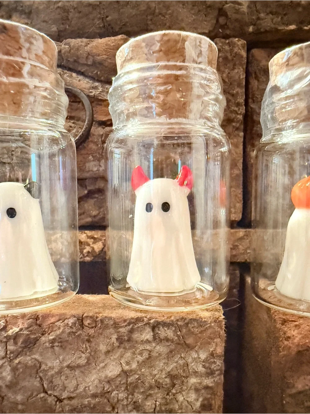 4 miniature glass ghosts in jar decoration devil , cat , pumpkin and candy corn